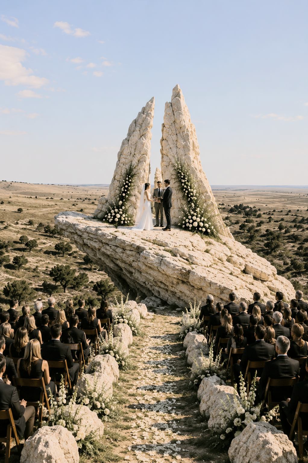 The Sentinels — twin white rock spires rising from a stone pedestal above the plains